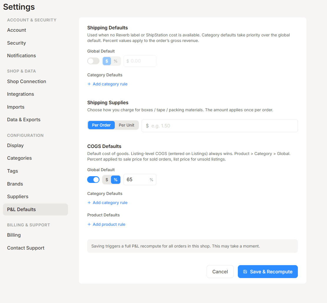 Settings page with sidebar navigation and P&L Defaults panel showing shipping defaults, supplies, and COGS configuration
