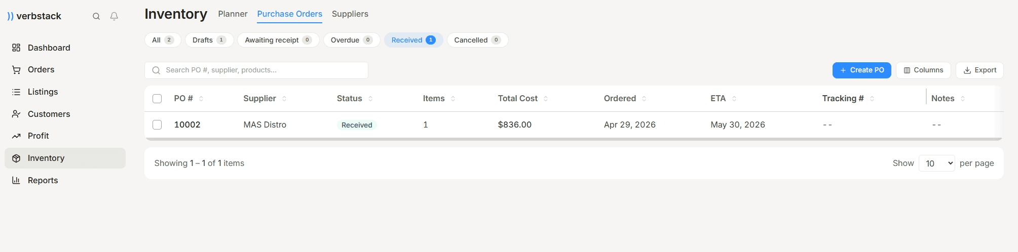 Purchase Orders list filtered to received status with PO number, supplier, items, total cost, ordered and ETA columns