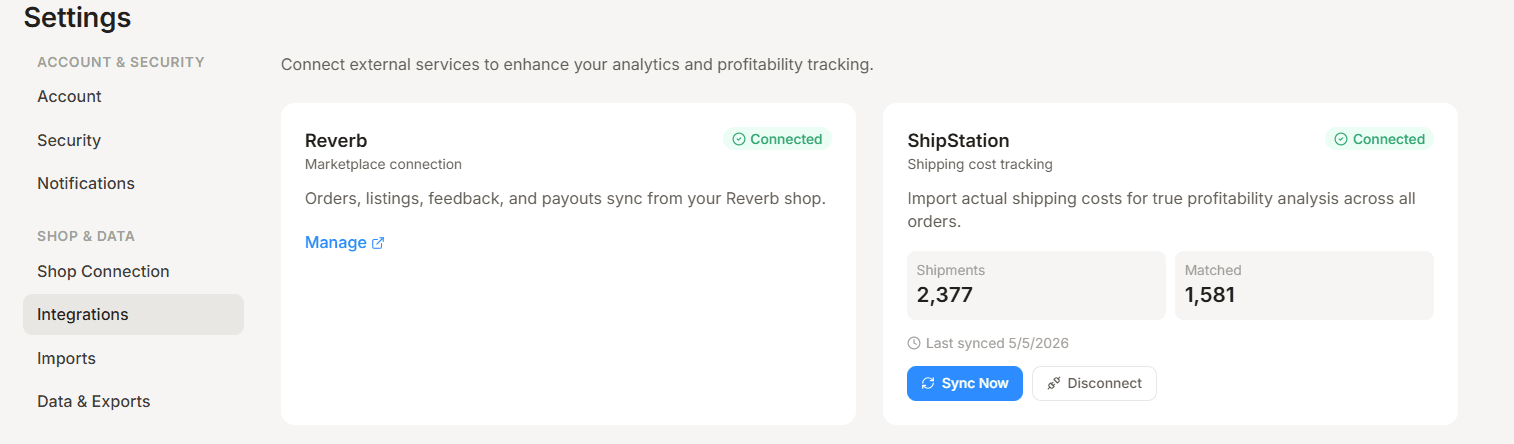 Settings Integrations page showing connected Reverb and ShipStation cards with sync stats